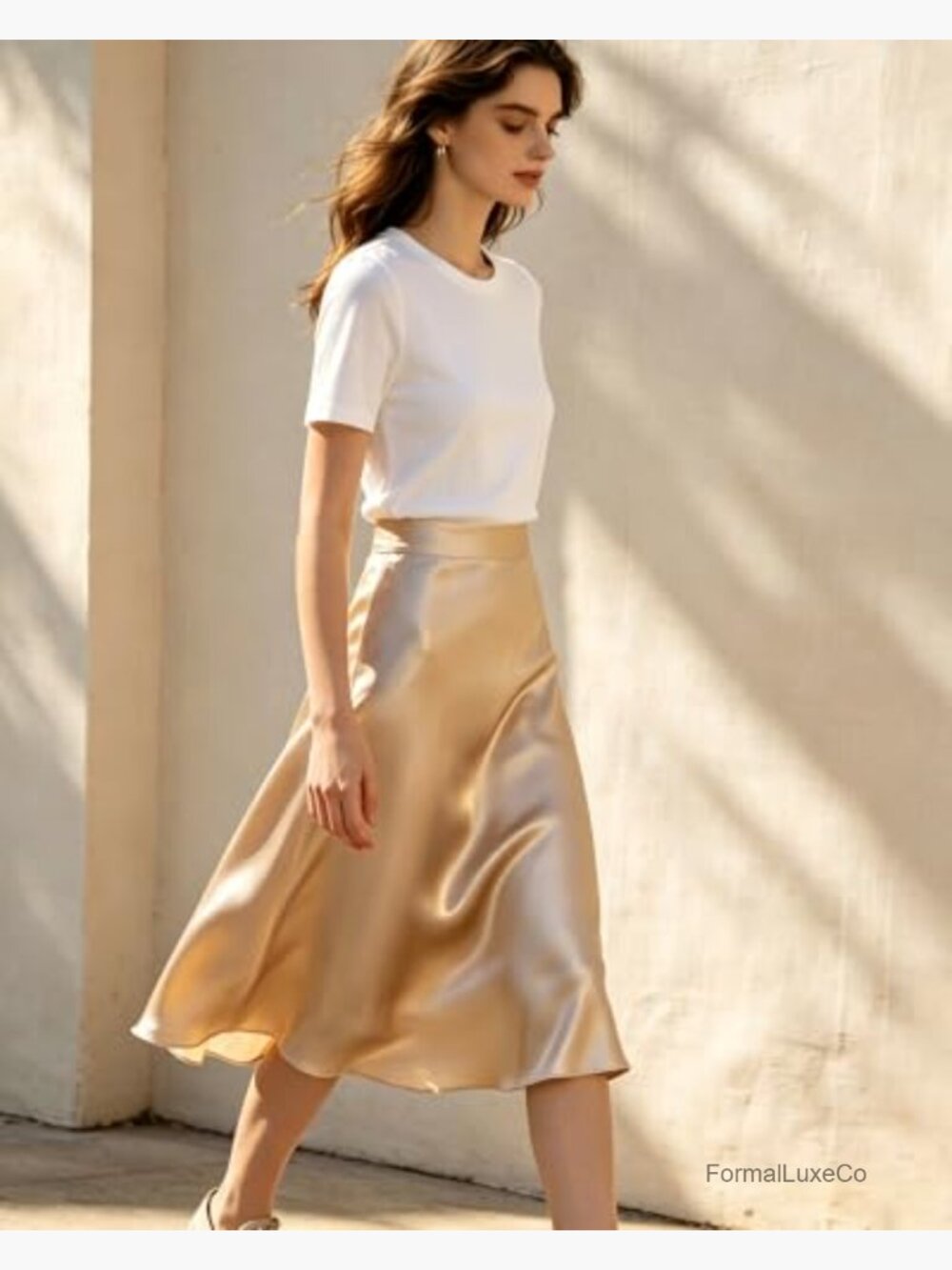 High Waist Flowy A-Line Midi Skirt, Satin, Pull On, Lightweight - Picture 5 of 7